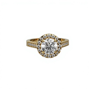 Bague de fiançailles solitaire en diamant de laboratoire taille brillant rond, plaqué or 18K 14K, avec halo et monture micro-pavé de diamants ronds - Product Image 1