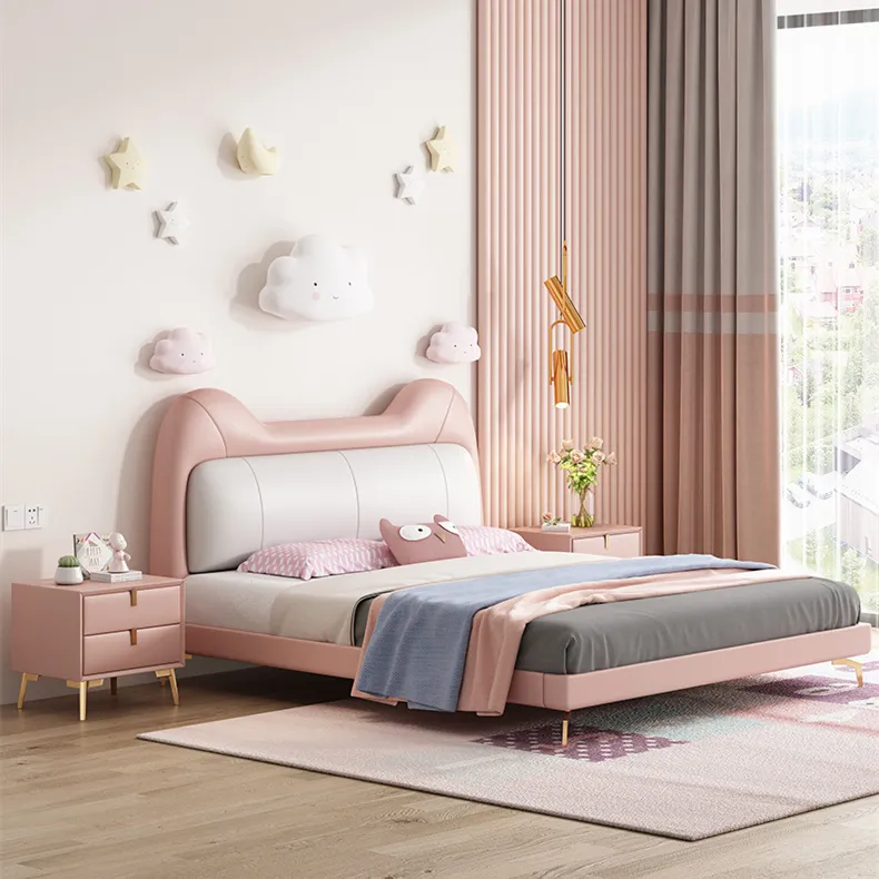 モダンな漫画ピンクの女の子プリンセス子供用ベッド収納付き木製ソフトレザーダブルベッド子供用ベッド家具