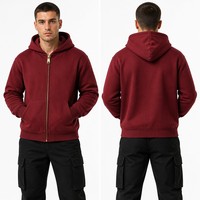 Sweat-shirt à capuche zippé personnalisé 460 GSM pour homme, 100 % coton, coupe ample, rouge bordeaux vintage, fermeture éclair intégrale, streetwear