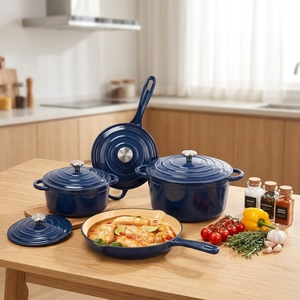 Ensemble de 4 casseroles en fonte émaillée, casseroles et poêles avec revêtement céramique, 3 couvercles inclus, ensemble de batterie de cuisine robuste - Product Image 2