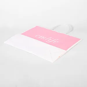 Kustom dengan logo Anda laminasi merah muda tas kertas kardus tote untuk belanja produk promosi ritel