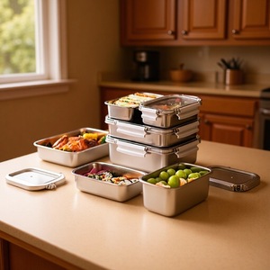 304 Stainless Steel Food Storage Container Rectangle Clip On Lid Airtight For Kitchen <b>Refrigerator</b> Travel Use - Product Image 1