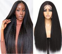 Peluca frontal de encaje sintético de fibra de alta temperatura Yaki Kinky Liso de 28 pulgadas, 13x4, transparente, sin pegamento, 250% de densidad, al por mayor