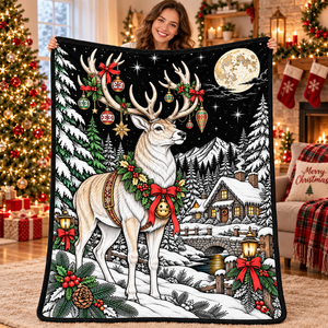 Christmas Reindeer Snowscape Plush Coloring <b>Blanket</b> Rectangular Anti-Pilling Printed Home Decor Winter Classic Style - Product Image 1