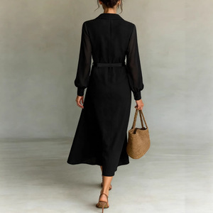 Abito chemisier nero da donna a maniche lunghe in rete, con cintura in vita, elegante e snellente, lunghezza midi, <span class=keywords><strong>per</strong></span> ufficio e casual - Product Image 3