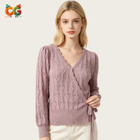 CG OEM ODM Personnalisé Blouse en tricot festonné pour femme, pull à manches longues en tricot torsadé ajouré avec lien latéral à nouer à la taille pour le printemps et l'automne