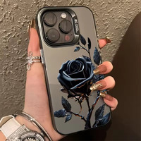 Casing Handphone TPU PC Berlapis Perak dengan Cetakan Bunga Mawar Hitam untuk iPhone 12 13 14 15 16 17 18 Pro Max