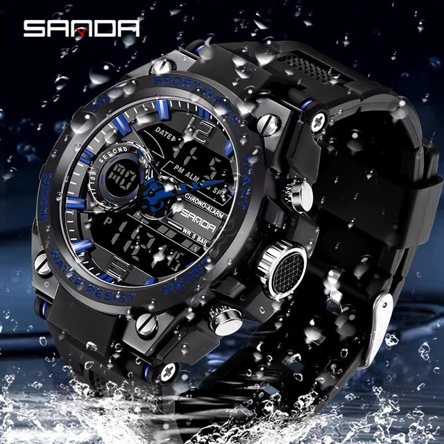 SANDA 6092 Fashion Men Sports Watches Dual Display Analog Digital LED Electronic Quartz Watch 50m Waterproof G Style Wristwatch