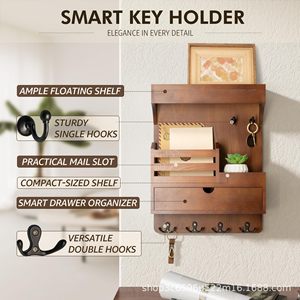 Wall Mounted Storage Rack With Drawer And <b>Hooks</b> For Keys Mail Plant Display Entryway Organizer Rectangle 3 Layers - Product Image 5
