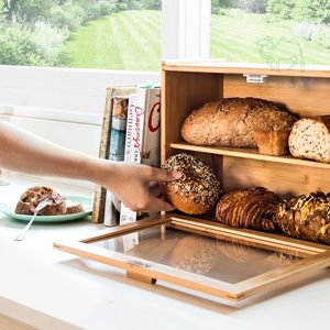 Boîtes à pain de grande capacité Boîte de rangement à pain en bambou à 2 niveaux avec fenêtre transparente - Product Image 4