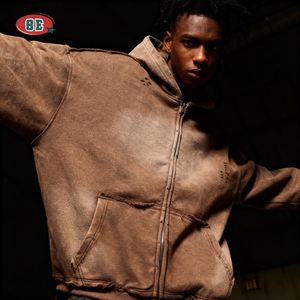 制造商批发定制标志重量级400 Gsm酸洗拉链连帽衫男女通用法国毛圈衬里连帽衫 - Product Image 3