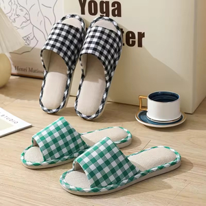 All Seasons Women Men Anti-Slip Checkered Linen Midsole Korean Style Open Toe Indoor <b>Slipper</b> - Product Image 1