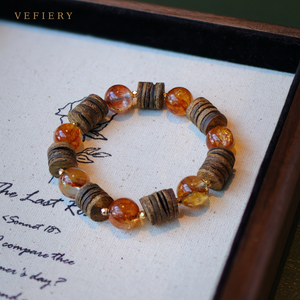 Bracelet en bois et pierres précieuses orange avec perles marron en forme de disque - Product Image 4