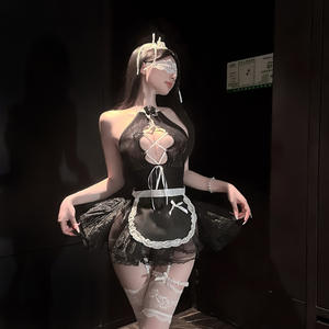 Lencería Sexy para Mujer, Uniforme de Sirvienta con Encaje Rosa, Espalda Descubierta, Vestido Babydoll Transparente, Disfraz de Sirvienta Exótica - Product Image 5