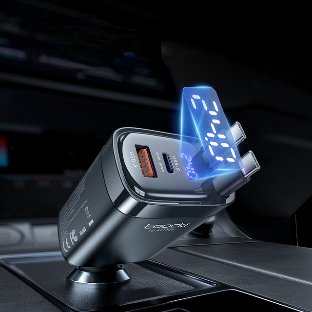 Toocki High-Power 105W Retractable Cable Car Charger Dual USB-C Fast Charging with PPS for Travel Use