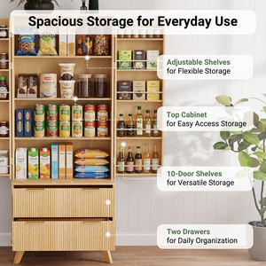 Armario de Cocina Alto de Madera Natural Moderno con Puertas Corredizas Estilo Granero, 10 Puertas Laterales, 2 Cajones y Estantes Ajustables - Product Image 4