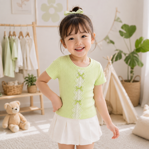 เสื้อครอปท็อปผ้าริบบิ้นลิลลี่สุดน่ารักสำหรับเด็กผู้หญิง สีเขียวมะนาว เหมาะสำหรับวันสบายๆ วันเล่นกับเพื่อน และกิจกรรมกลางแจ้งแสนสนุก - Product Image 3
