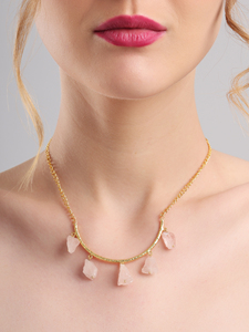 Raw Rose Quartz Crescent Bar <b>Necklace</b> Pink Crystal Gold Tone Curb Chain Modern Elegant <b>Statement</b> Jewelry for Women - Product Image 5