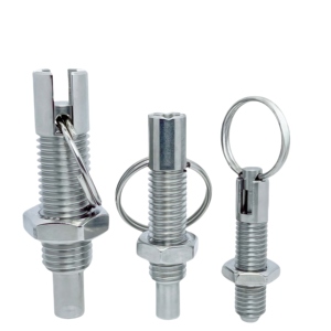 Goupille de positionnement de sécurité à ressort en acier inoxydable avec anneau de traction autobloquant et bouton poussoir - Product Image 1