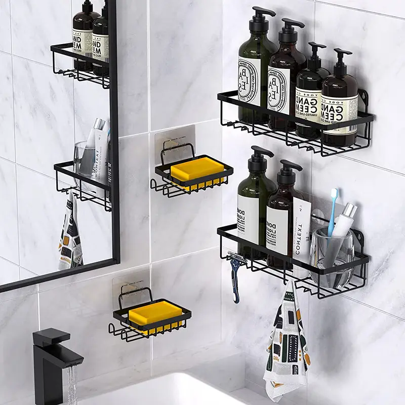 High Quality Bathroom Rack 4 Piece Self Adhesive Wall Mounted Metal Iron Shower Basket Shelf