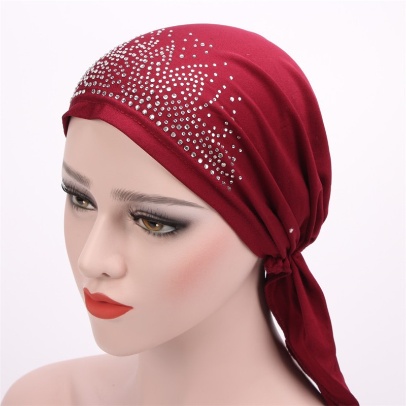 New Womens Headwear Chemo Hat Beanie Sleep Hat Rhinestone Head Scarf Pre Tied Turban Hat