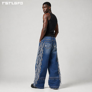 Cut And Sew Desert Fringe <b>Jeans</b> Heavyweight Vintage Wash Western Side Tassel Wide Leg Denim Pants Wholesale Bulk - Product Image 3