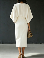 Robe midi de luxe pour femme, col rond, manches chauve-souris, effet deux pièces, style navetteur, taille haute avec boutons dorés et fente