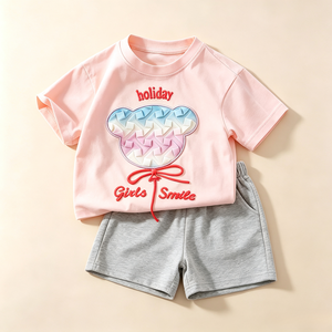 Conjunto de Verano para Niños, Camiseta de Cuello Redondo y Manga Corta con Pantalones Cortos Gris Claro con Cordón, Estampado Gráfico de Globos de Dibujos Animados - Product Image 2