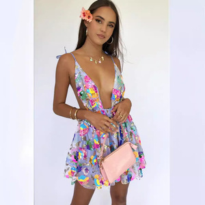 Abito Corto da Donna in Chiffon a Vita Naturale, Traspirante, al Ginocchio, <span class=keywords><strong>Sexy</strong></span>, con Schiena Scoperta, Paillettes Floreali e Scollo all'Americana, Casual - Product Image 6