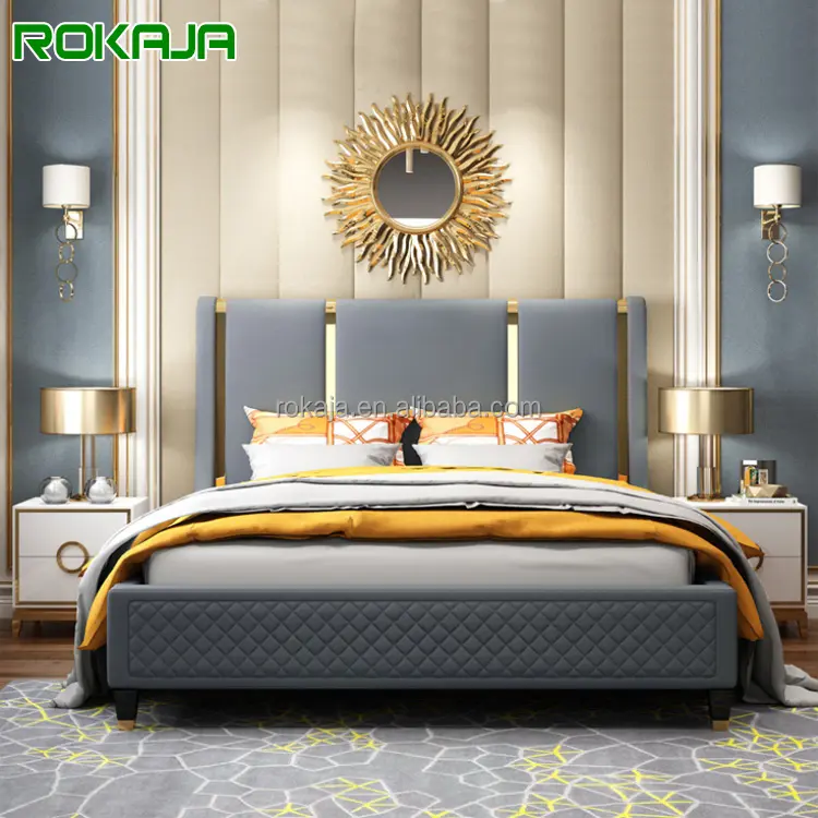 Modern Royal Beds Home Furniture Bedroom Set Gold Metal Luxury Bed Room Sets Leather Couple Bedroom Set