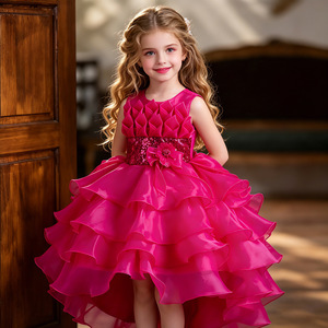 Robe de demoiselle d'honneur rose en organza, robe de bal à col rond, robe de princesse pour enfants avec étiquette - Product Image 1