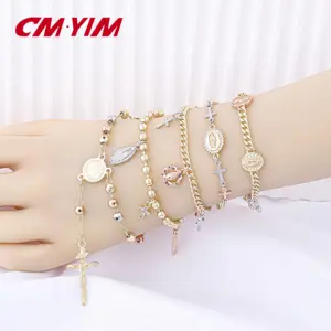 Wholesale Tricolor Gold Plated Religiosa Cross Mujer Virgen De Guadalupe Pulseras De Oro Fashion Women Chain Bracelets Jewelry