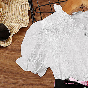 Set di abbigliamento personalizzato per bambini <span class=keywords><strong>in</strong></span> cotone poliestere con colletto a volant camicia con <span class=keywords><strong>Tulle</strong></span> stampa floreale gonna per bambini fascia d'età - Product Image 3