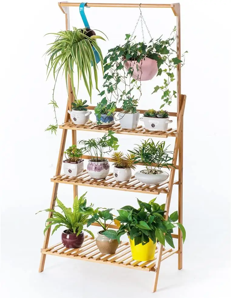 Nature Bamboo 3-Tier Hanging Plant Stand,Planter Shelves Flower Pot Organizer Rack Folding Display Shelving