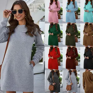 Mùa Thu Mùa Đông Cổ Tròn Màu Sắc Rắn Hoodies Dresses Phụ Nữ S-5XL Phụ Nữ Ăn Mặc Cotton Phụ Nữ Dài Tay Áo Giản Dị Dresses