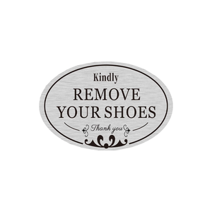 <span class=keywords><strong>Plaque</strong></span> ovale moderne en aluminium auto-adhésive et étanche « Veuillez retirer vos chaussures » pour usage domestique, sans perçage requis - Product Image 1