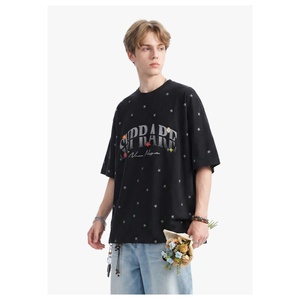 Camiseta de Manga Corta para Hombre, Talla Grande, Azul Marino, con Estampado de Estrellas y Logotipo, Estilo Urbano, Cuello Redondo, Algodón Jersey, Personalizable - Product Image 2