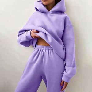 Ensemble de survêtement décontracté 2 pièces pour femme en maille courte, chaud, avec sweat à capuche et pantalon de jogging, idéal printemps, automne, hiver, avec logo frontal - Product Image 5