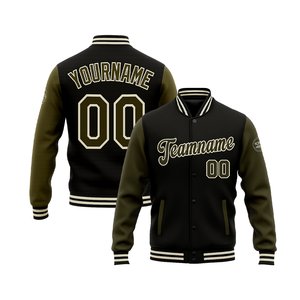 定制男式棒球夹克个性化名称团队印花双色橄榄绿黑色耐用健身运动设计 - Product Image 5