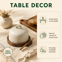 Beurrier avec base en bois, en céramique avec spatule, pot de rangement pour confiture, plateau à beurre