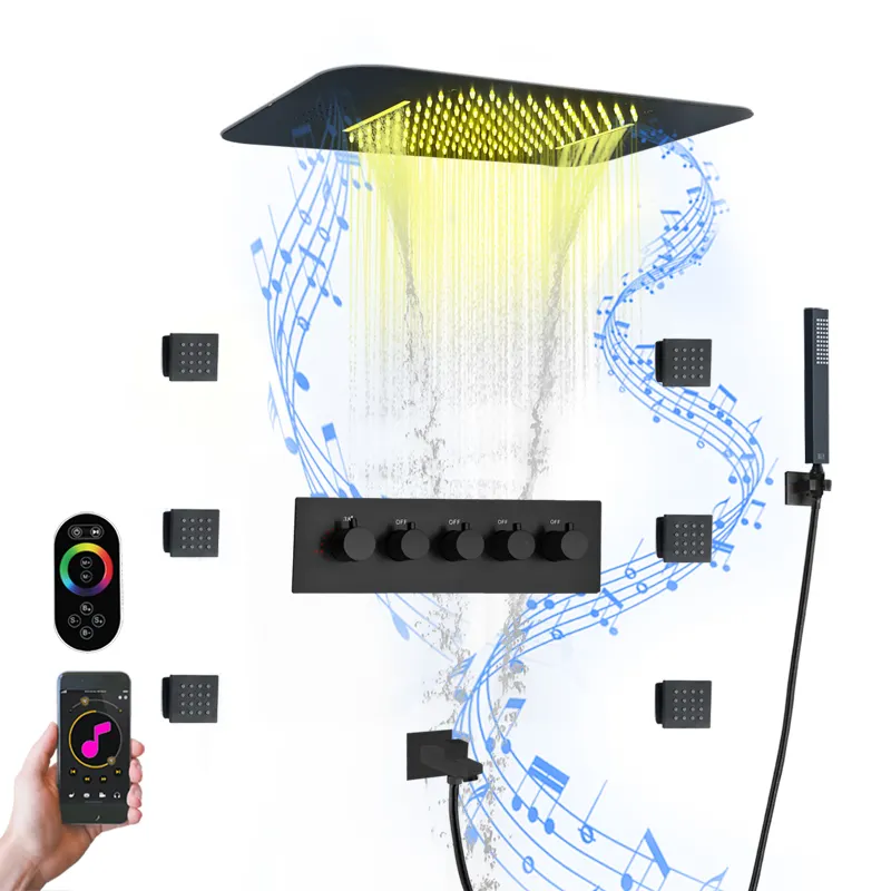 Ceiling Mounted 23*15 Inch Rain and Waterfall Shower Head With Music Speaker Bathroom Thermostatic LED Shower Faucet Set