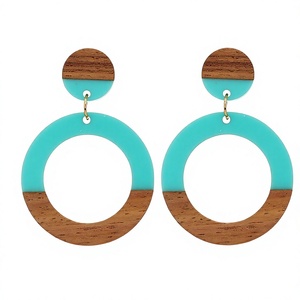 Nouvelles Boucles d'Oreilles Créoles de Luxe en Bois et Résine, Design Géométrique, Style Bohème Turquoise et Marron, pour Femme - Product Image 1