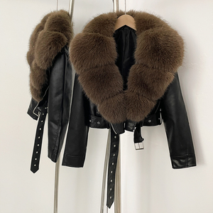 OFTBUY Giacca Ecologica a Maniche Lunghe Autunnale in Ecopelle, Abbigliamento Corto Femminile Primaverile, Nuova Giacca in PU con <span class=keywords><strong>Pelliccia</strong></span> Artificiale e <span class=keywords><strong>Tasche</strong></span> - Product Image 1