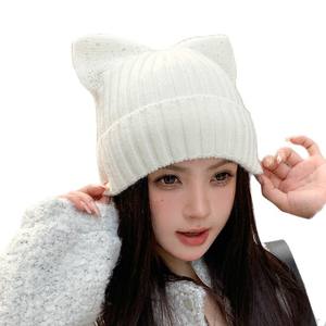 Damen Mode Angora Kaninchenwolle Gestrickte Mütze mit Kristall Glänzenden Strasssteinen Pailletten Katzenohren - Product Image 5