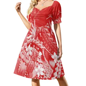 Yeni yaz bel elbiseler polinezya tasarım artı boyutu kadın elbiseleri kız yan kapı moda stil v yaka kabarcık kollu elbise