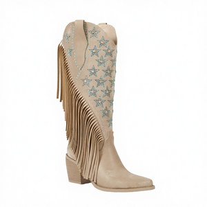 Bottes de cowboy pour femme de haute qualité, nouvelle collection Hiver 2026, à talon haut, dessus en velours, strass, pour mollets larges, à enfiler - Product Image 4