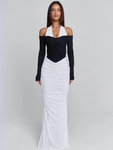 sachin and babi light blue dress Leely Women Black White Sheath Long Black Tie Dress with Ruffles 3D Flowers One Shoulder Formal Dress