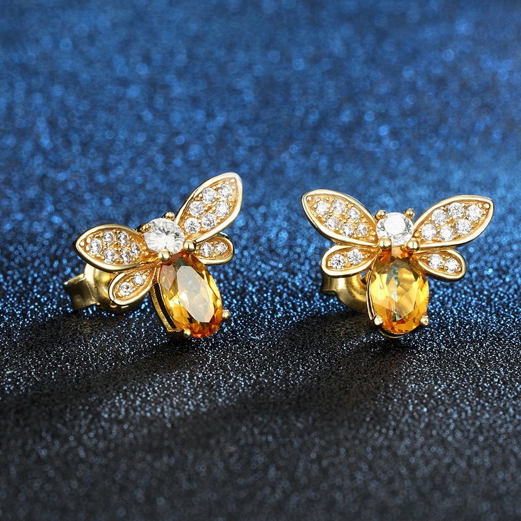 Mode Mignon Abeille Stud Boucle D'oreille Pour Les Femmes Conception Unique Plaqué Or Citrine Boucles D'oreilles