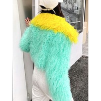 Veste tendance bicolore en vraie fourrure de mouton tibétain pour femme, bleu ciel et orange, manteau en fourrure de mouton de Mongolie bouclée, véritable fourrure de mouton brun.
