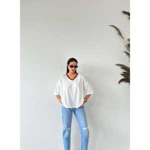 Camiseta Básica con Cuello en V para Mujer, 100% Algodón Jersey, Transpirable, Manga Regular - Product Image 1